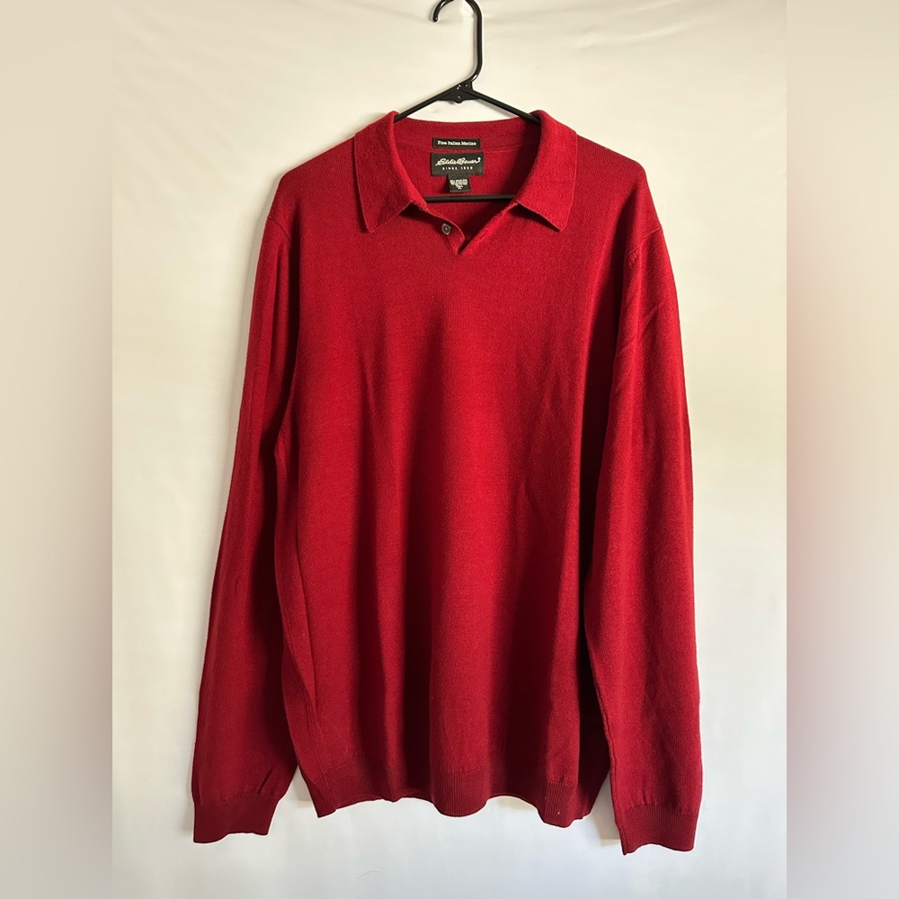 Eddie Bauer Mens Red Fine Italian Merino Wool Long Sleeve Polo Sweater XL TALL